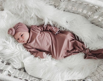 soft mauve , baby gown, newborn gown, knotted gown, knot gown, baby shower gift, baby gift, newborn set