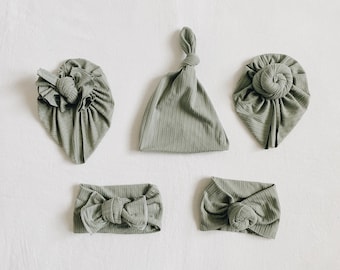 Dark sage ribbed, baby turban, baby hat, knot headband, knot hat, baby beanie, baby gift set, baby shower gift