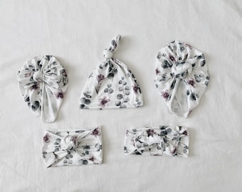 Eucalyptus and lilac, baby turban, baby hat, knot headband, knot hat, baby beanie, baby gift set, baby shower gift