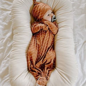 Tan mudcloth , baby gown, newborn gown, knotted gown, knot gown, baby shower gift, baby gift, newborn set