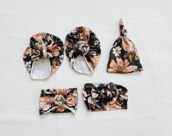 Spring Collection Black Floral, baby turban, baby hat, knot headband, knot hat, baby beanie, baby gift set, baby shower gift