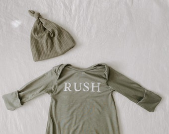 Personalized dark sage baby gown, baby shower gift, personalized baby gift, knit gown, knitted gown, baby pajamas, baby sleeper