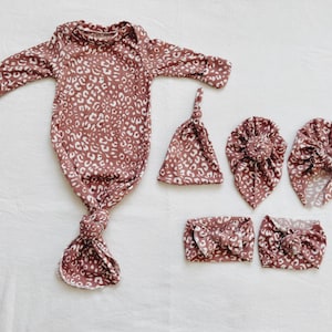 Spring Collection Mauve Leopard, baby gown, newborn gown, knotted gown, knot gown, baby shower gift, baby gift, newborn set