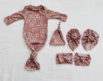 Spring Collection Mauve Leopard, baby gown, newborn gown, knotted gown, knot gown, baby shower gift, baby gift, newborn set