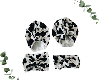 Black and white cow print , baby turban, baby hat, knot headband, knot hat, baby beanie, baby gift set, baby shower gift