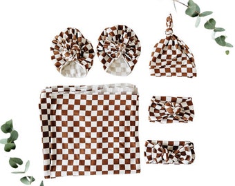 Tan Checker, baby swaddle, swaddle blanket, newborn photos, baby shower gift, baby blanket