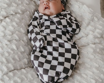 Black and White Checkers, baby gown, newborn gown, knotted gown, knot gown, baby shower gift, baby gift, newborn set