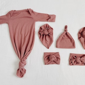 Soft Mauve waffle , baby gown, newborn gown, knotted gown, knot gown, baby shower gift, baby gift, newborn set