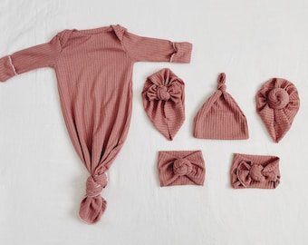 Soft Mauve waffle , baby gown, newborn gown, knotted gown, knot gown, baby shower gift, baby gift, newborn set