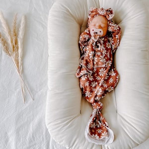 Tan Rib Daisy, baby gown, newborn gown, knotted gown, knot gown, baby shower gift, baby gift, newborn set