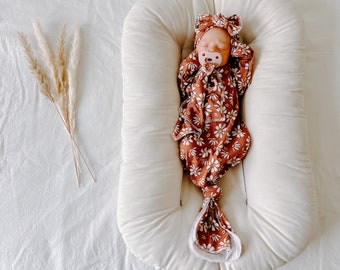 Tan Rib Daisy, baby gown, newborn gown, knotted gown, knot gown, baby shower gift, baby gift, newborn set