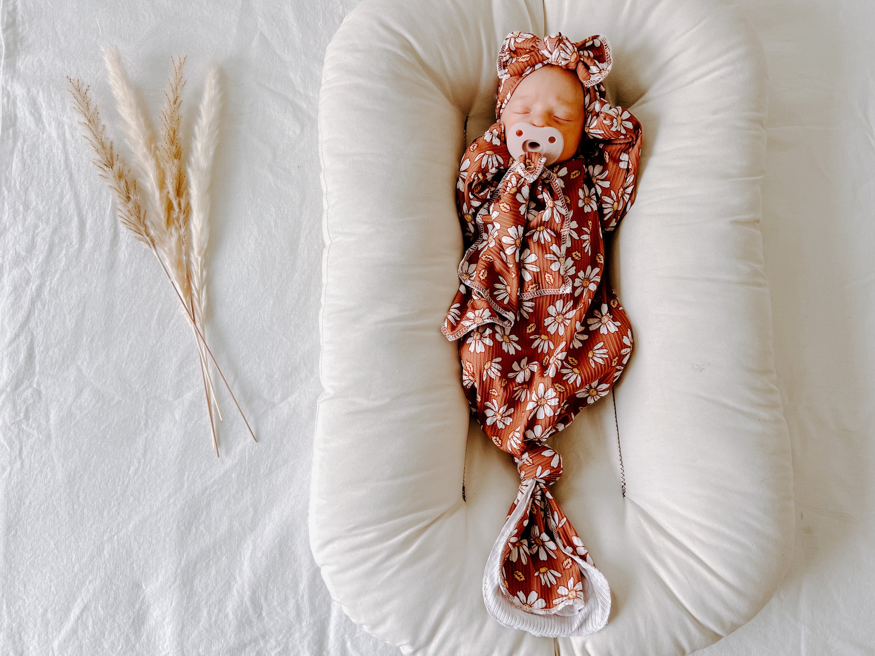 Tan Rib Daisy, Baby Gown, Newborn Gown, Knotted Gown, Knot Gown