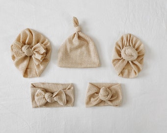 Oatmeal waffle, baby turban, baby hat, knot headband, knot hat, baby beanie, baby gift set, baby shower gift