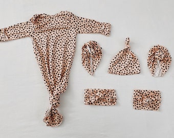 Animal print , baby gown, newborn gown, knotted gown, knot gown, baby shower gift, baby gift, newborn set