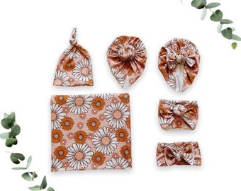 Blush Retro, baby swaddle, baby blanket, baby wrap, swaddle blanket, matching turban, swaddle set, newborn