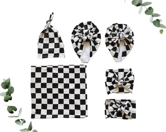 Black and White Checker, baby swaddle, baby blanket, baby wrap, swaddle blanket, matching turban, swaddle set, newborn