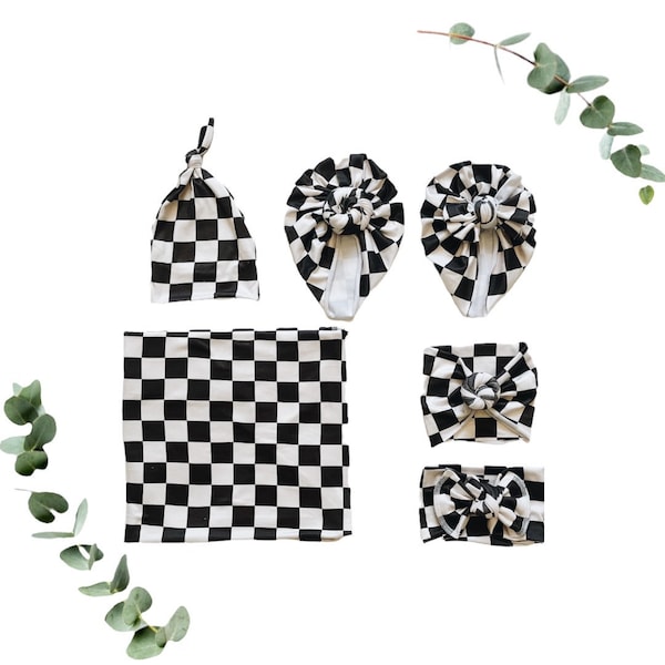 Black and White Checker, baby swaddle, baby blanket, baby wrap, swaddle blanket, matching turban, swaddle set, newborn