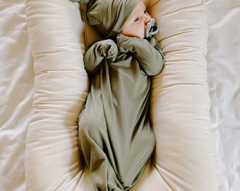 Dark sage, baby gown, newborn gown, knotted gown, knot gown, baby shower gift, baby gift, newborn set