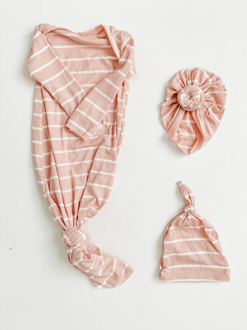 baby gift baby gown Pink stripe rib knit newborn gown newborn set knot gown baby shower gift knotted gown