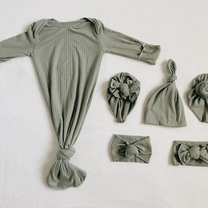 Dark sage ribbed, baby gown, newborn gown, knotted gown, knot gown, baby shower gift, baby gift, newborn set