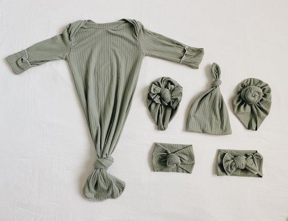 Dark sage ribbed, baby gown, newborn gown, knotted gown, knot gown, baby shower gift, baby gift, newborn set