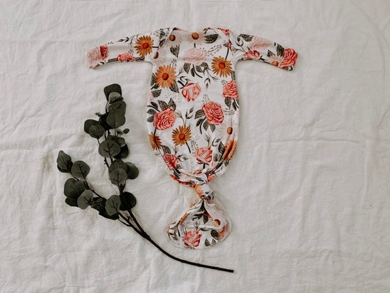Earth tone daisy and rose, baby gown, newborn gown, knotted gown, knot gown, baby shower gift, baby gift, newborn set