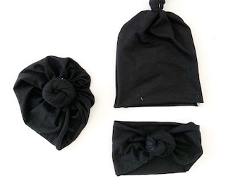 Black, baby turban, baby hat, knot headband, knot hat, baby beanie, baby gift set, baby shower gift