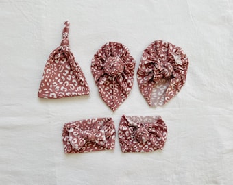 Spring Collection Mauve Leopard, baby turban, baby hat, knot headband, knot hat, baby beanie, baby gift set, baby shower gift