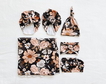 Spring Collection Black Floral, baby swaddle, swaddle blanket, newborn photos, baby shower gift, baby blanket