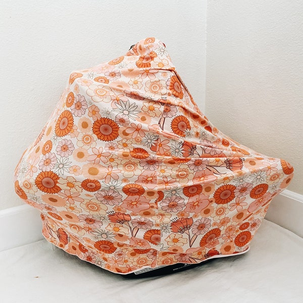 Retro floral, car seat canopy, nursing cover, baby shower gift,