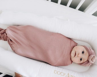 Soft mauve, baby swaddle, baby wrap, swaddle blanket, matching turban