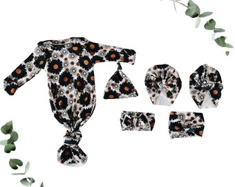 Earth Tone Polka Dot Floral, baby gown, newborn gown, knotted gown, knot gown, baby shower gift, baby gift, newborn set