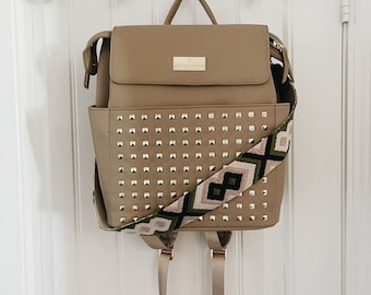 Tan Harleebeeandco diaper bag, diaper backpack, backpack