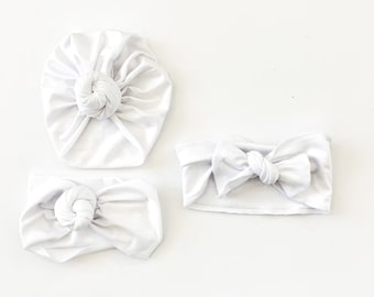 White, baby turban, baby hat, knot headband, knot hat, baby beanie, baby gift set, baby shower gift