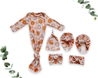 Blush Retro, baby gown, newborn gown, knotted gown, knot gown, baby shower gift, baby gift, newborn set