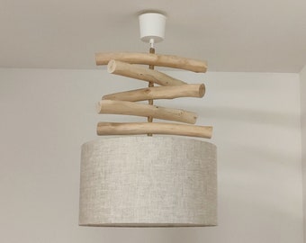 suspension lustre bois flotté abat-jour lin 35 cm idée cadeau anniversaire noël décoration zen hygge scandinave