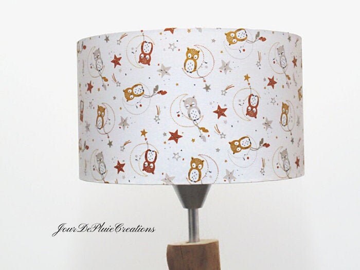 Abat-Jour ou Suspension Motifs Chouettes Blanc Ocre et Gris Plafonnier Cylindre Idée Cadeau Noël Béb