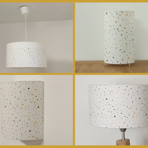 Abat-jour - suspension - lampe tube ou applique murale tissu blanc motifs étoiles jaune gris violette cadeau naissance anniversaire bébé