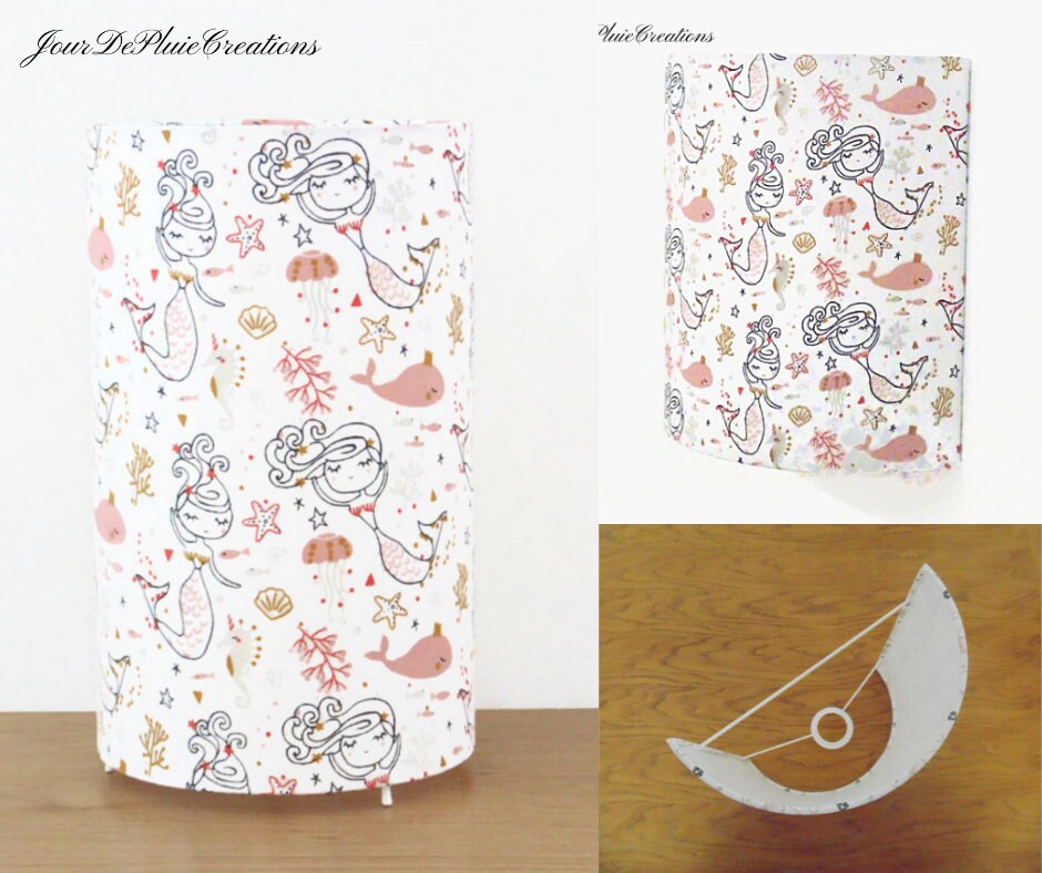 Lampe Tube ou Applique Murale Tissu Motif Sirènes Lampe Chevet Idée Cadeau Naissance Anniversaire Dé