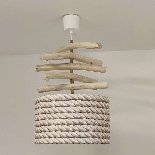 suspension lustre bois flotté abat-jour cordage 30 cm cylindre plafonnier imitation corde marine idée cadeau anniversaire mer