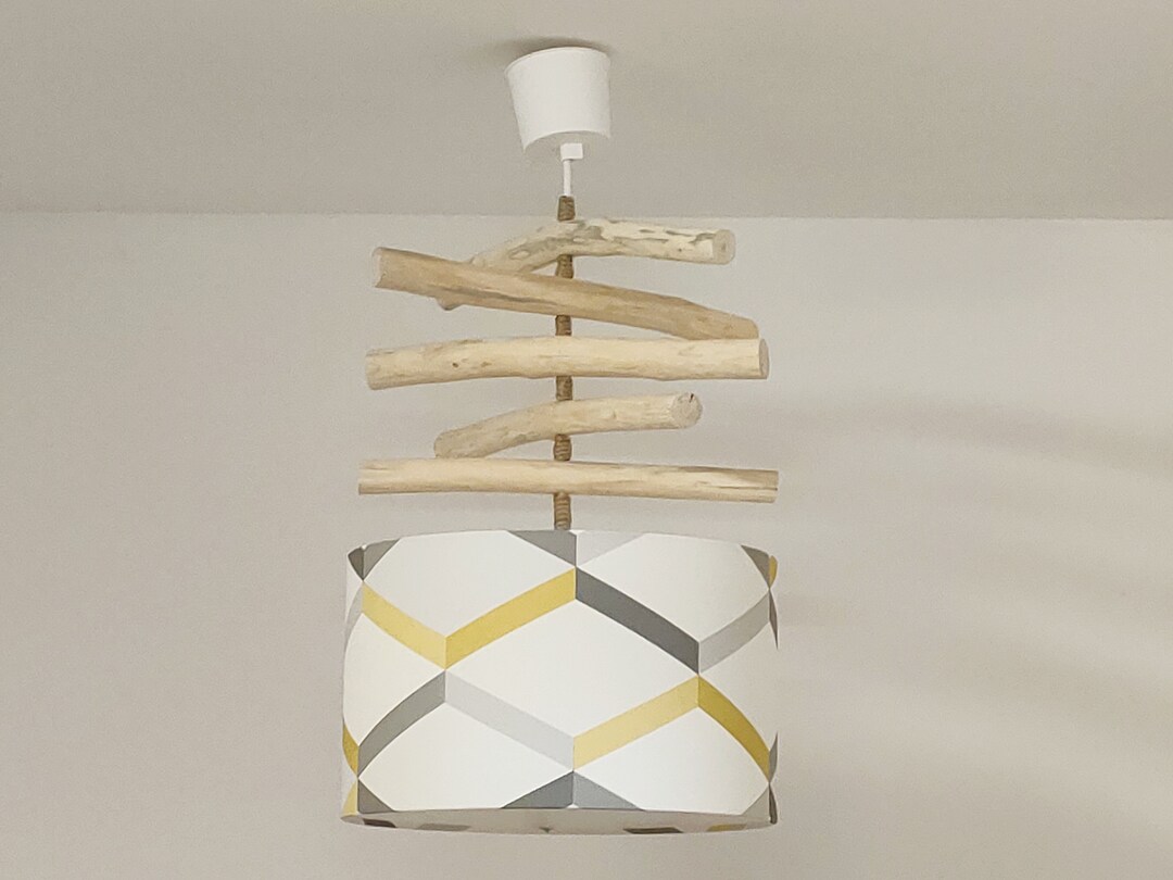 Lustre bois flotté abat-jour géométrique scandinave jaune gris 30 cm ...