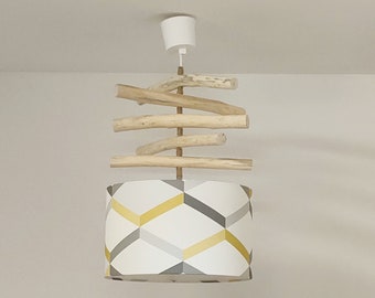 Lustre bois flotté abat-jour géométrique scandinave jaune gris 30 cm plafonnier idée cadeau noël anniversaire lifestyle