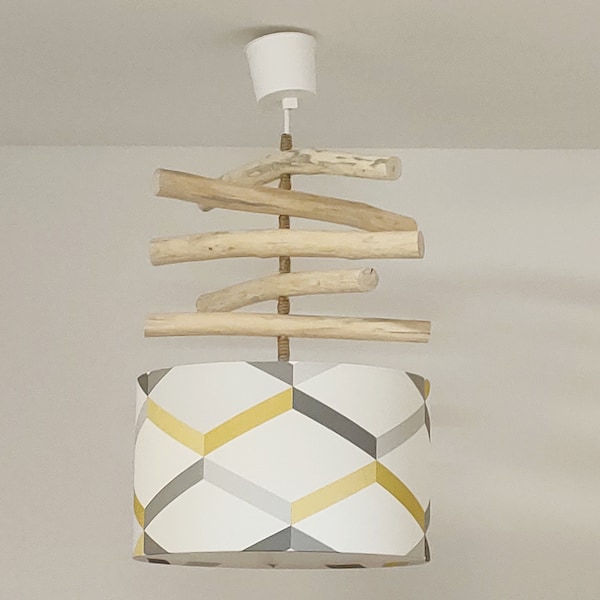 Lustre bois flotté abat-jour géométrique scandinave jaune gris 30 cm plafonnier idée cadeau noël anniversaire lifestyle