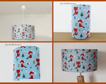 Abat-jour - suspension - lampe tube - applique murale tissu bleu motifs panda roux et lapin idée cadeau noël anniversaire naissance chambre