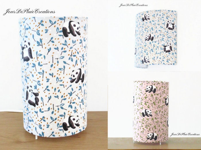 Lampe Tube ou Applique Murale Tissu Motifs Pandas Idée Cadeau Noël Anniversaire Naissance Chambre Bé