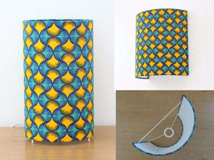 Lampe Tube ou Applique Murale Tissu Wax Motif Jaune et Bleu Lampe Chevet à Poser Idée Cadeau Noël An