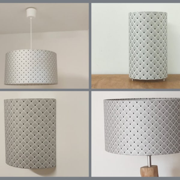 Lampshade - suspension - tube lamp or wall light Art Deco patterns silver metal scales Christmas birthday gift idea chic decoration