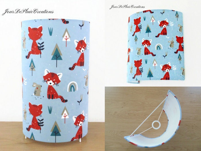 Lampe Tube ou Applique Murale Tissu Bleu Motifs Panda Roux et Lapin Chevet Idée Cadeau Anniversaire 