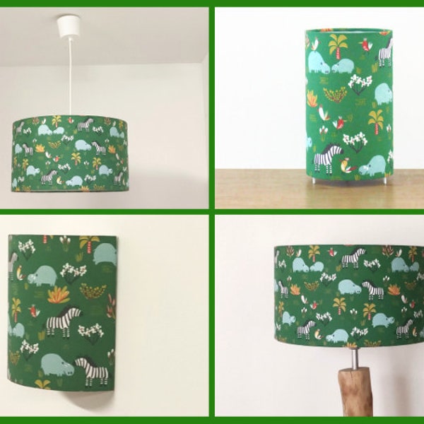 Abat-jour - suspension - lampe tube - applique murale motif animaux jungle vert safari hippopotame zèbre cadeau noël anniversaire naissance