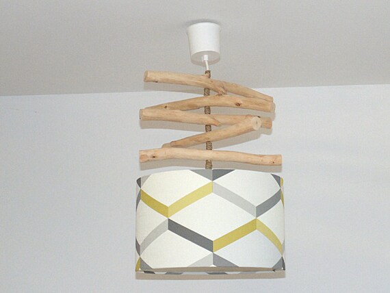 Lustre bois flotté abat-jour géométrique scandinave jaune gris - Etsy ...